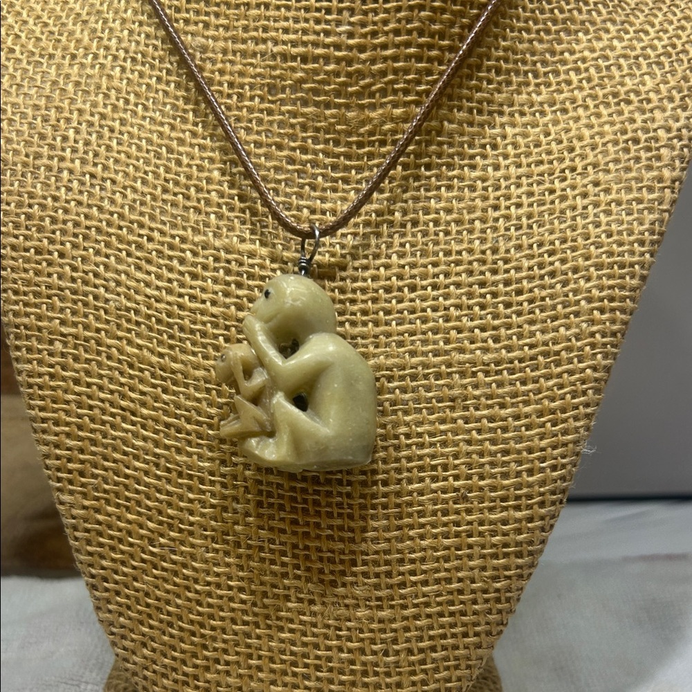 Carved Stone Monkey’s Soapstone Hand carved Pendant Necklace